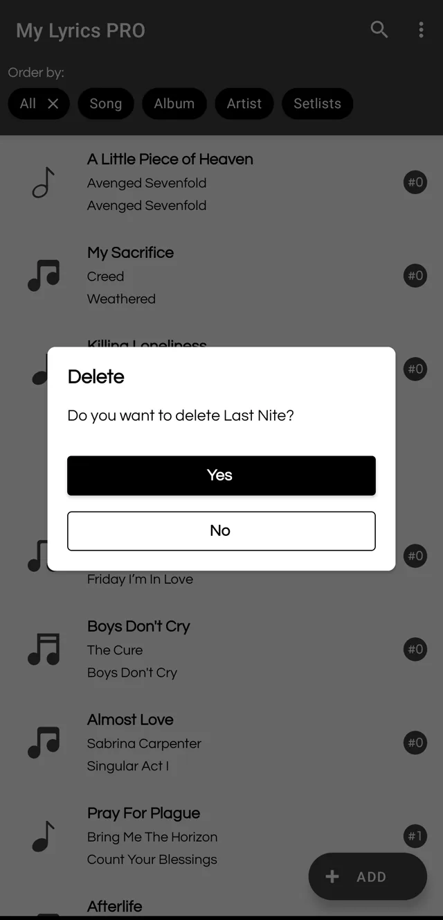 Prompt to confirm that the song will be deleted
