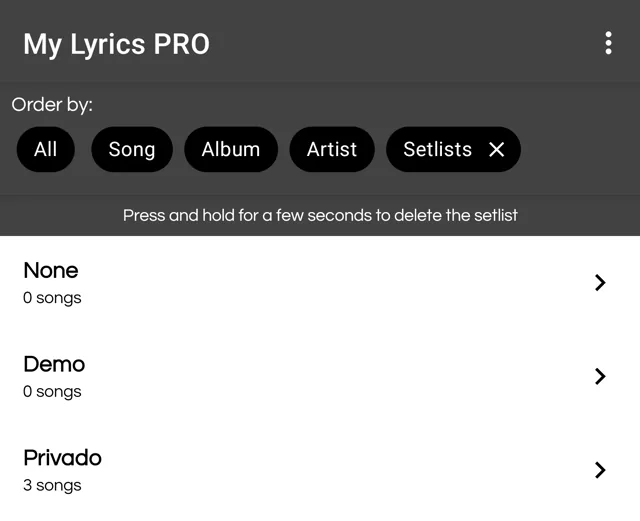 Setlists view with the hint on how to delete