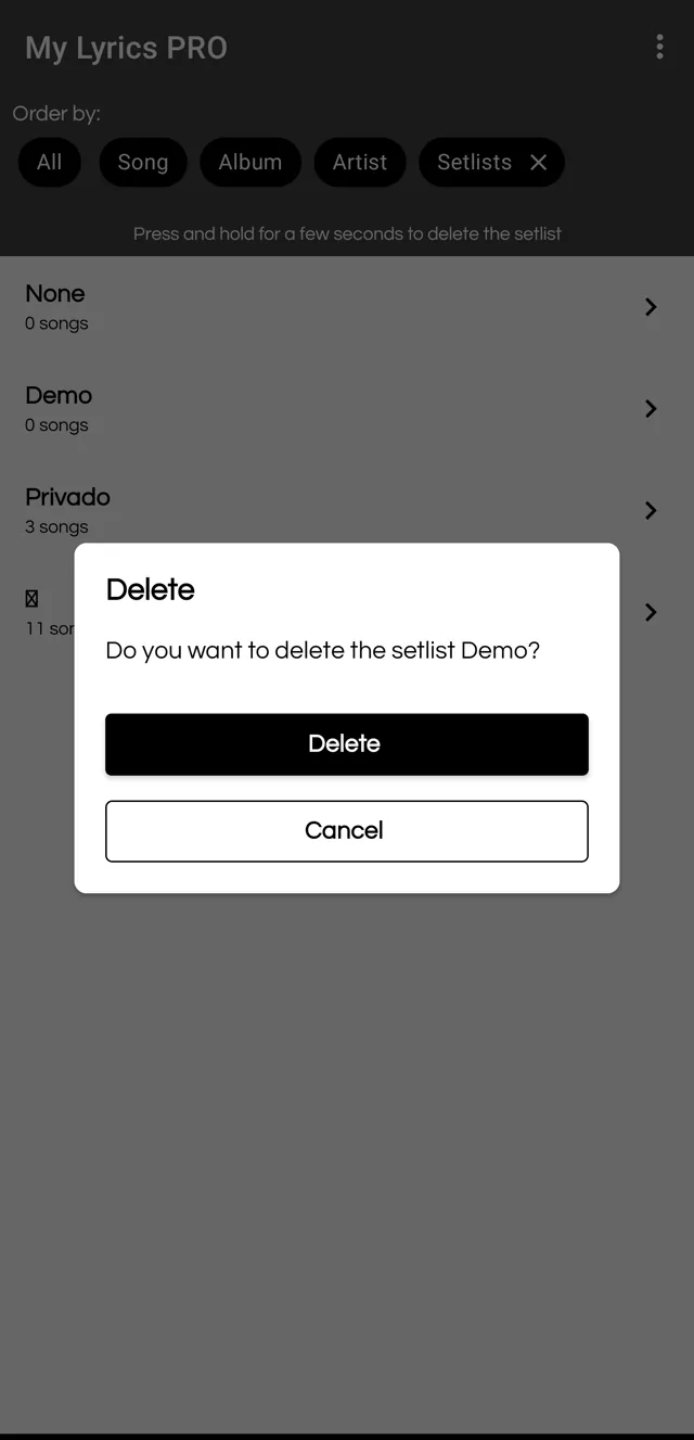 Confirmation to delete the setlist