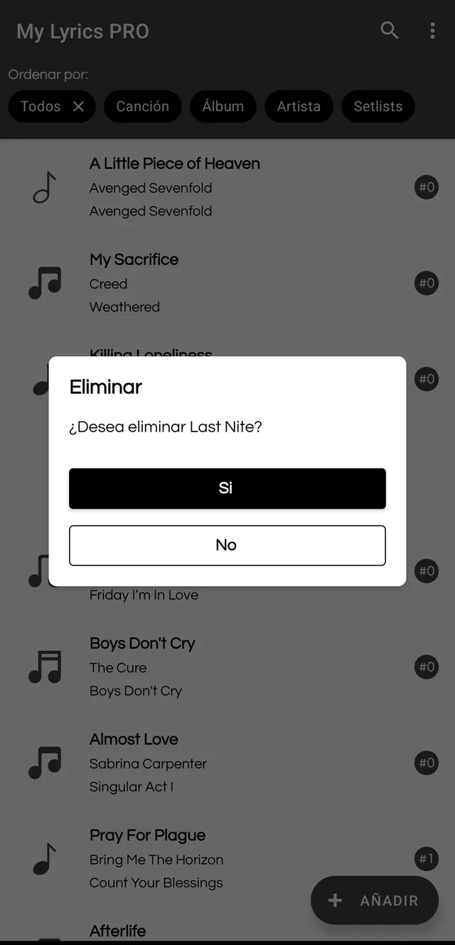 Aviso para confirmar que se quiere eliminar la canción