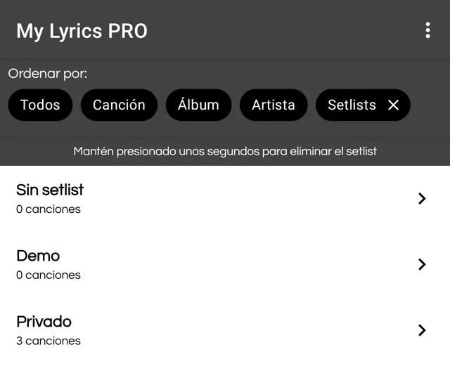 Vista de setlists con la ayuda para eliminar