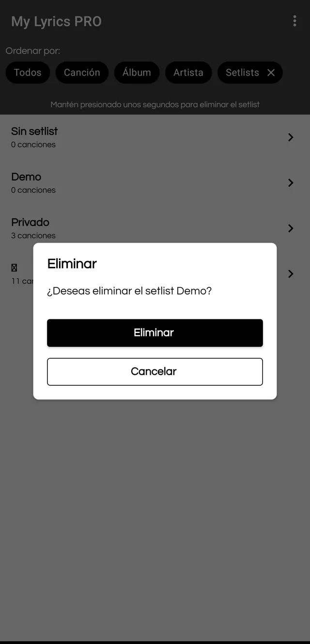 Confirmación para eliminar el setlist